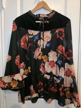 Worthington Black Chiffon And  Velvet Floral Tie-Neck Top